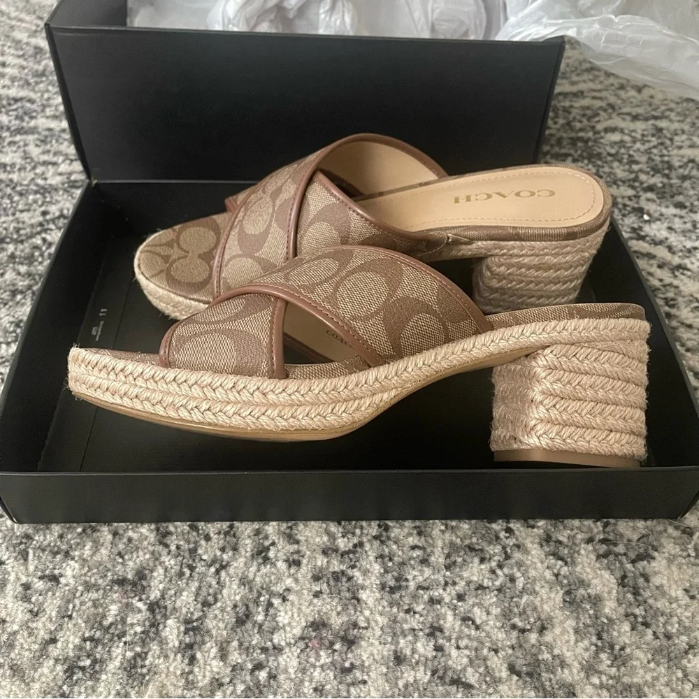 COACH Sloan Espadrille Khaki Saddle Brown Logo Size 9.5 B - Picture 2 of 7